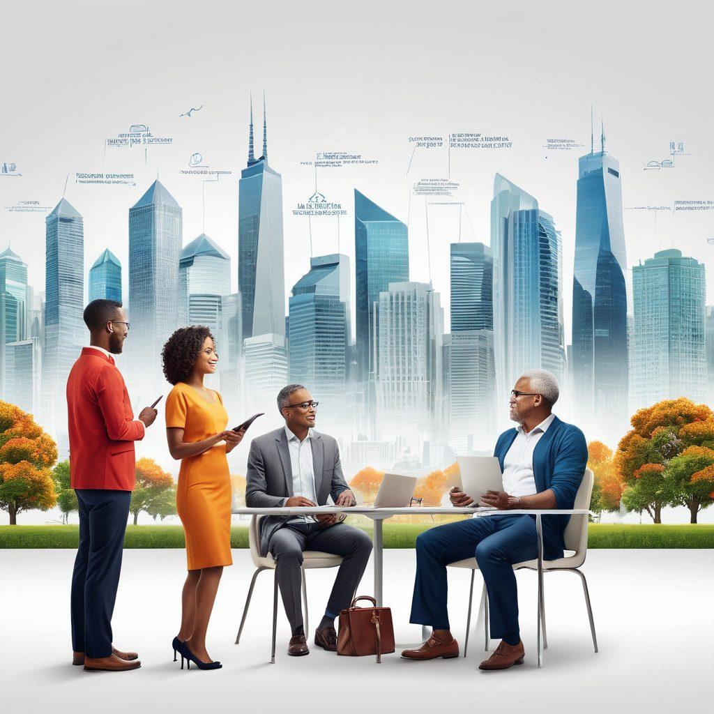 A diverse group of people engaging in discussions about various insurance policies, featuring a family, a young professional, and an elderly couple, each surrounded by visual representations of life events like homeownership, travel, and healthcare. A backdrop of a secure and modern city skyline represents financial security. Infographics illustrating key insurance types subtly blend into the scene. super-realistic. vibrant colors. white background.