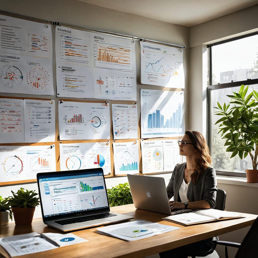 A serene office workspace featuring a person analyzing various coverage plan options on a laptop, surrounded by charts and documents illustrating risk assessment. Sunlight streams through a window, creating a warm, inviting atmosphere, and plants add a touch of nature. Include a whiteboard in the background with strategic notes and diagrams on risk mitigation. super-realistic. vibrant colors. modern design.