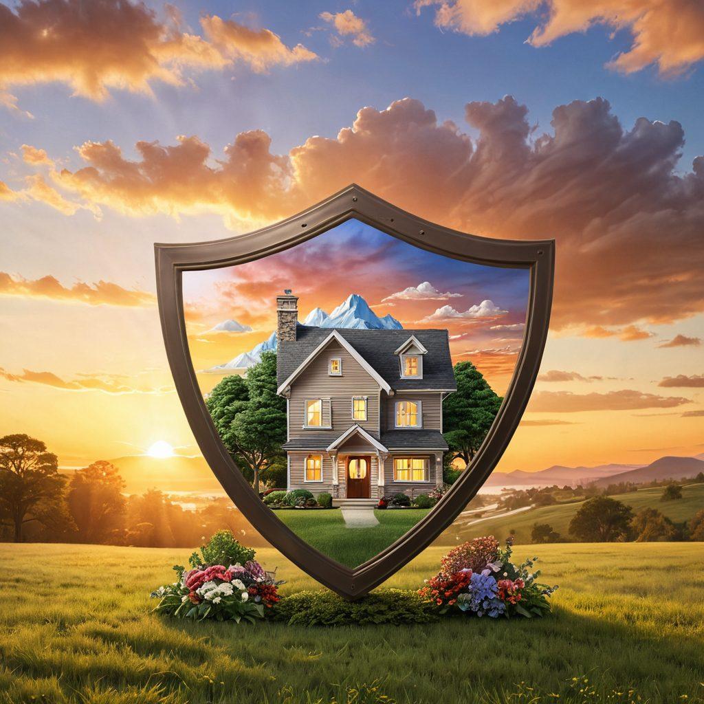 A comforting landscape featuring a shield made of various insurance icons like home, health, and auto, set against a serene background of a sunrise. A family stands together with relaxed expressions, symbolizing peace of mind as they look toward the horizon. Soft colors and gentle lighting enhance the feeling of safety and security. super-realistic. vibrant colors. 3D.